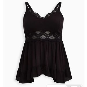 Black gauze lace inset babydoll tank